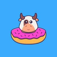 Cute cow with a donut on his neck. Animal cartoon concept isolated. Can used for t-shirt, greeting card, invitation card or mascot. Flat Cartoon Style Free Vector