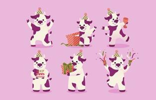Set of white-purple spotted cow. Animal characters in various gestures vector illustration on pink background. Free Vector