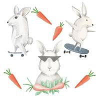 A watercolor set of rabbits skate on a skateboard and eat carrots. Free Vector