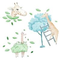 A watercolor set of animals consisting of 3 giraffe Free Vector