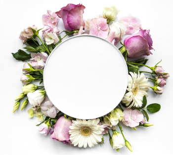 Pink flowers in round frame with white circle for text Free Photo