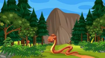 A snake cartoon character in forest scene with many trees Free Vector