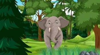 Elephant in forest or rainforest scene with many trees Free Vector
