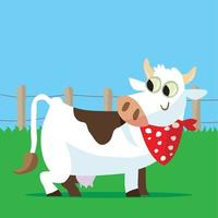 Cow with a spotted neckerchief in front of a fence in a field Free Vector