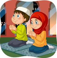Muslim sister and brother in praying position cartoon character Free Vector