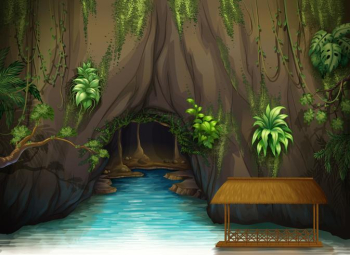 A cave, a water and a wooden shade