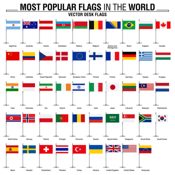 Collection of flat desk flags, most popular world flags