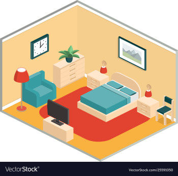 Bedroom retro interior in isometric style vector image