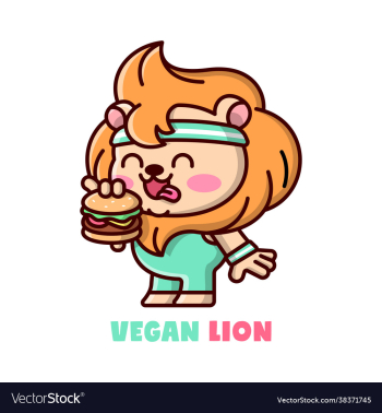 cute lion wearing gym outfit and eat a vegan hambu