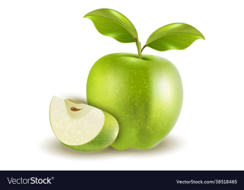 ripe green apple with leaves and slice isolated