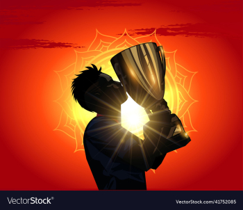 soccer player holding trophy on red background
