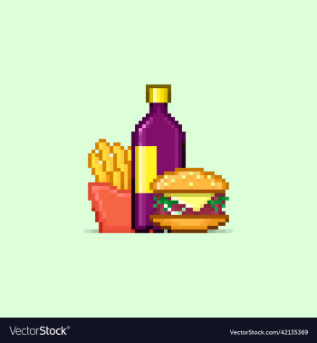 cartoon bottle of drink burger and fries