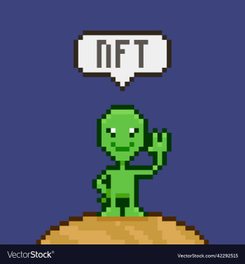 cartoon green smiling alien with text nft