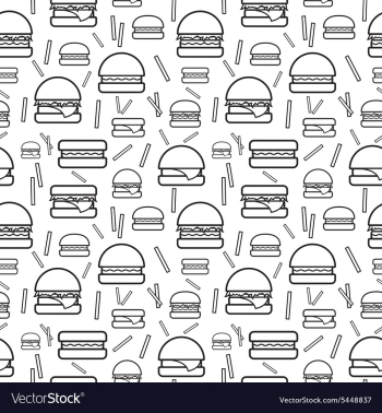 Seamless monochrome pattern burgers and fries vector image