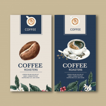 Coffee packaging bag with branch leaves bean, maker machine,watercolor illustration Free Vector