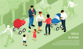 Children playing outdoor walking in park with parents babies napping outside in prams isometric composition Free Vector