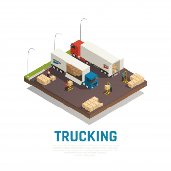 Trucking isometric composition with cargo loading and shipment to heavy vehicles Free Vector