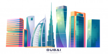 Dubai, uae skyline with world famous buildings Free Vector