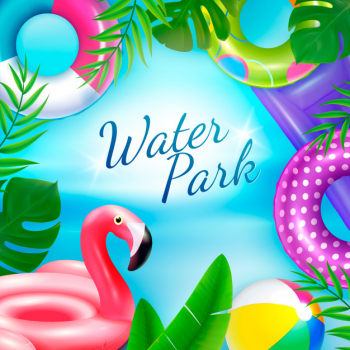Inflatable rubber toys swimming rings background with ornate text surrounded by tropical leaves and inner rings Free Vector
