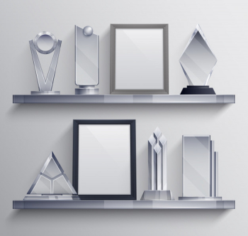 Trophies shelves realistic set with competition winner pedestal symbols Free Vector