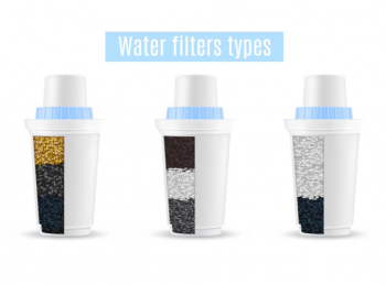 Water filters realistic set of 3 purification units types cutaway models with activated carbon granules Free Vector