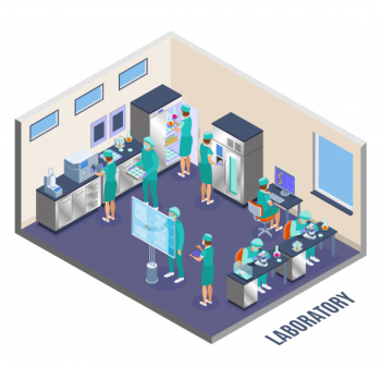 Microbiology isometric composition laboratory room and walls with scientists at the work illustration Free Vector