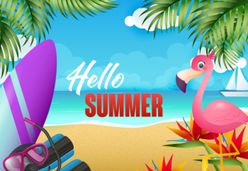 Hello summer flyer design. flamingo, surfboard