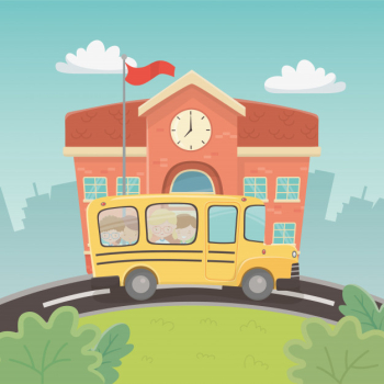 School building and bus with kids in the scene Free Vector