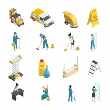 Professional cleaning isometric icons with staff in uniform, detergents and machine equipment including transport Free Vector