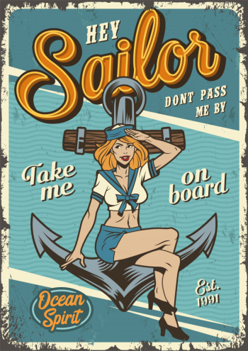 Vintage marine colorful poster with pin up girl Free Vector