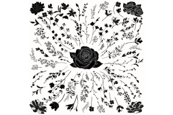 Vector Florals Black Shapes. Hand Drawn Herbs, Plants, Lotus