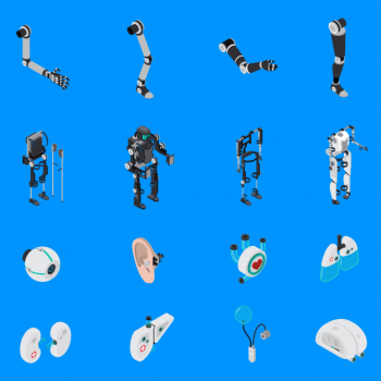 Exoskeleton bionic prosthetics icons set Free Vector