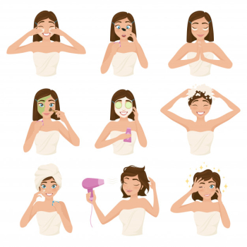 Woman morning routine icon set Free Vector