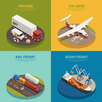 Cargo transportation including ocean and rail freight air delivery trucking isometric Free Vector