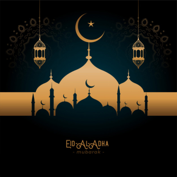 Beautifulgolden mosque and lamps eid-al-adha greeting Free Vector
