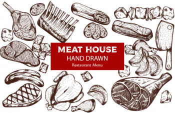 Line art meat set with sausage, steak, pork ribs and butcher knife Free Vector