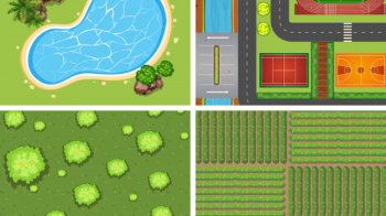 Set of top view aerial scenes in nature and outdoors Free Vector