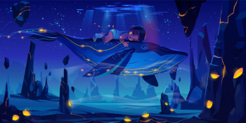 Space fairy tale with huge whale Free Vector