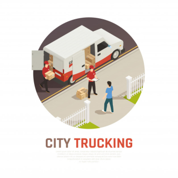 City trucking isometric round composition with cargo delivery by mini bus Free Vector