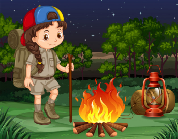 Little girl standing by the campfire Free Vector