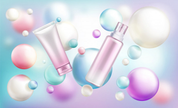 Beauty cosmetics tubes with pump and cap on rainbow defocused Free Vector