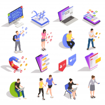 Social media symbols technology messaging people isometric icons collection with devices websites applications users isolated Free Vector
