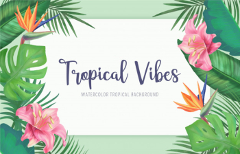 Tropical background with watercolor leaves and flowers Free Vector