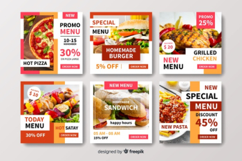 Food menu instagram post collection with photo Free Vector