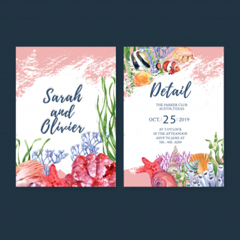 Wedding invitation watercolor with sealife theme, watercolor illustration template. Free Vector