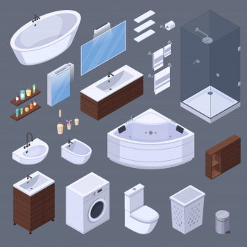 Bathroom isometric interior elements with pieces of furniture and lavatory equipment isolated images on grey background vector illustration Free Vector