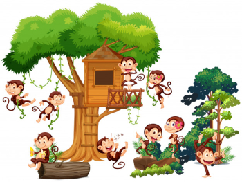 Monkeys playing and climbing up the treehouse Free Vector