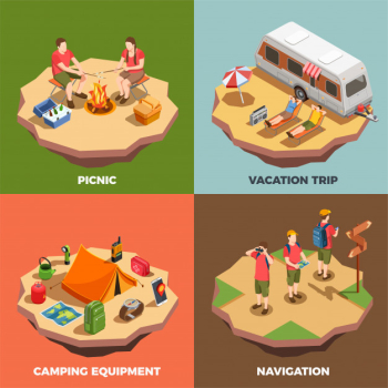 Camping hiking isometric design concept with compositions of human characters and trip related items illustration Free Vector