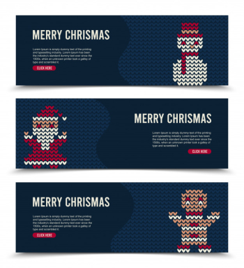 Christmas banner set for social media with knitted characters Free Vector