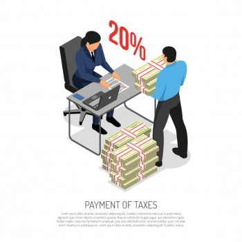 Tax payments collection isometric composition with inspector checking declaration and business accountant bringing banknotes vector illustration Free Vector
